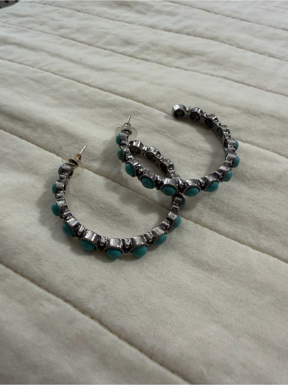 Turquoise Stone Silver-Tone Hoop Earrings - Women Jewelry